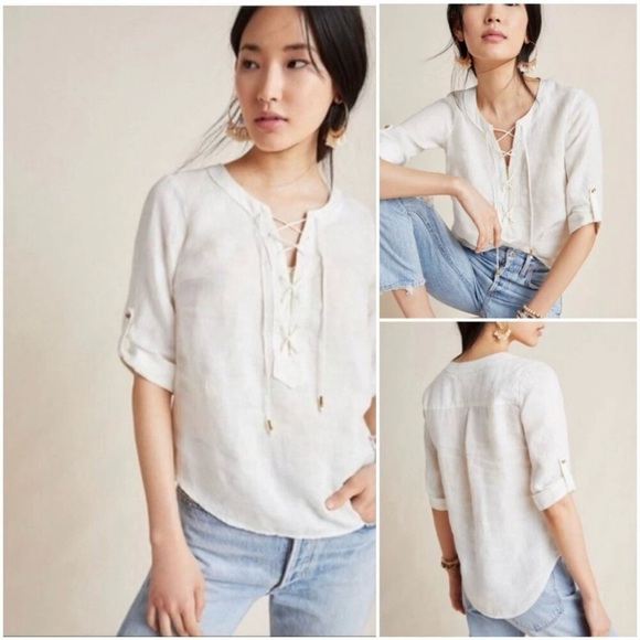 Anthropologie Maeve Classic Chic Coastal Lagenlook 100% Linen Blouse Top, Sz- 12 - Picture 2 of 14